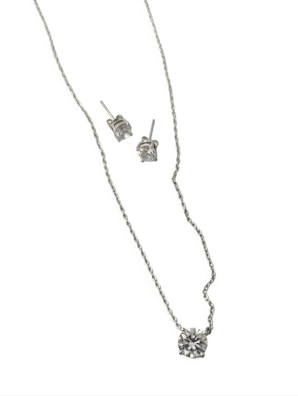 Classic Sterling  Silver Solitaire Necklace and Stud Earrings Set - White
